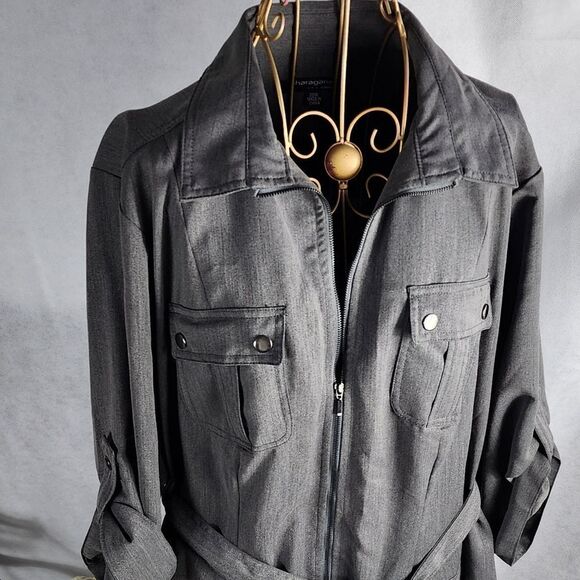 Sharagano Size 20 W Zip Front Belted Collared Dress - Picture 2 of 6